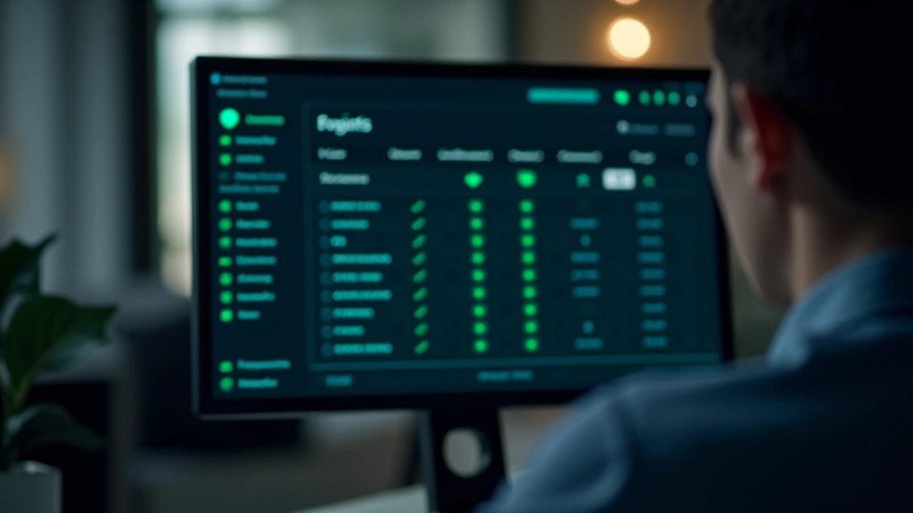 Dashboard med aktivitetslogs og audit trail, grøn check marks for autoriserede transaktioner, mørk interface
