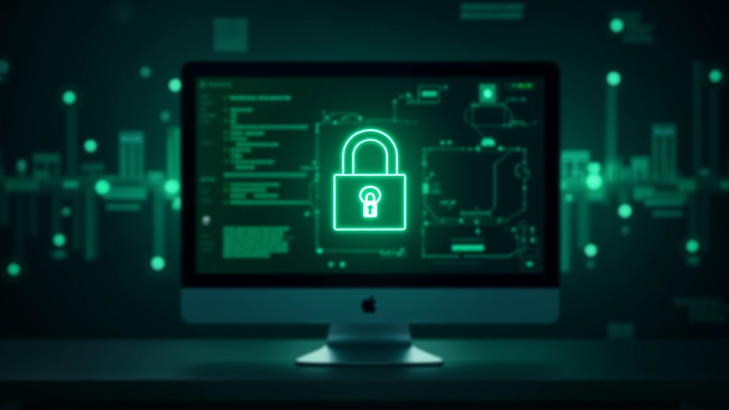 Kryptering symbol på computermonitor, grønt låst område omkring bankdata, mørk tech-agtig baggrund