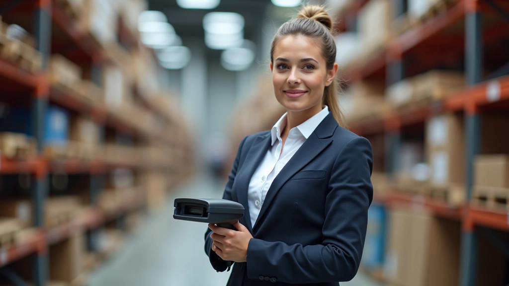 E-handelsforretnings lager med kasser, hånd scanner der bruges til ordrebehandling, modern logistik setup