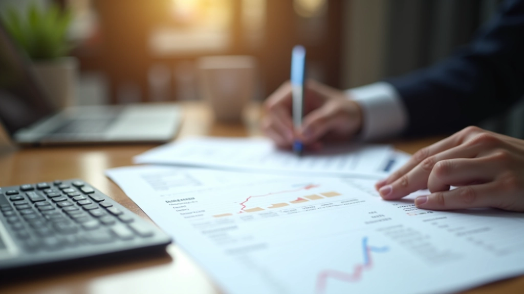 Finansanalytiker ved arbejdsbord med grafer, regneark og bankdokumenter udbredt