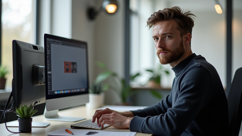 Grafisk designer arbejder på sin computer ved skrivebord med monitor, designsoftware åben, minimalistisk kontor