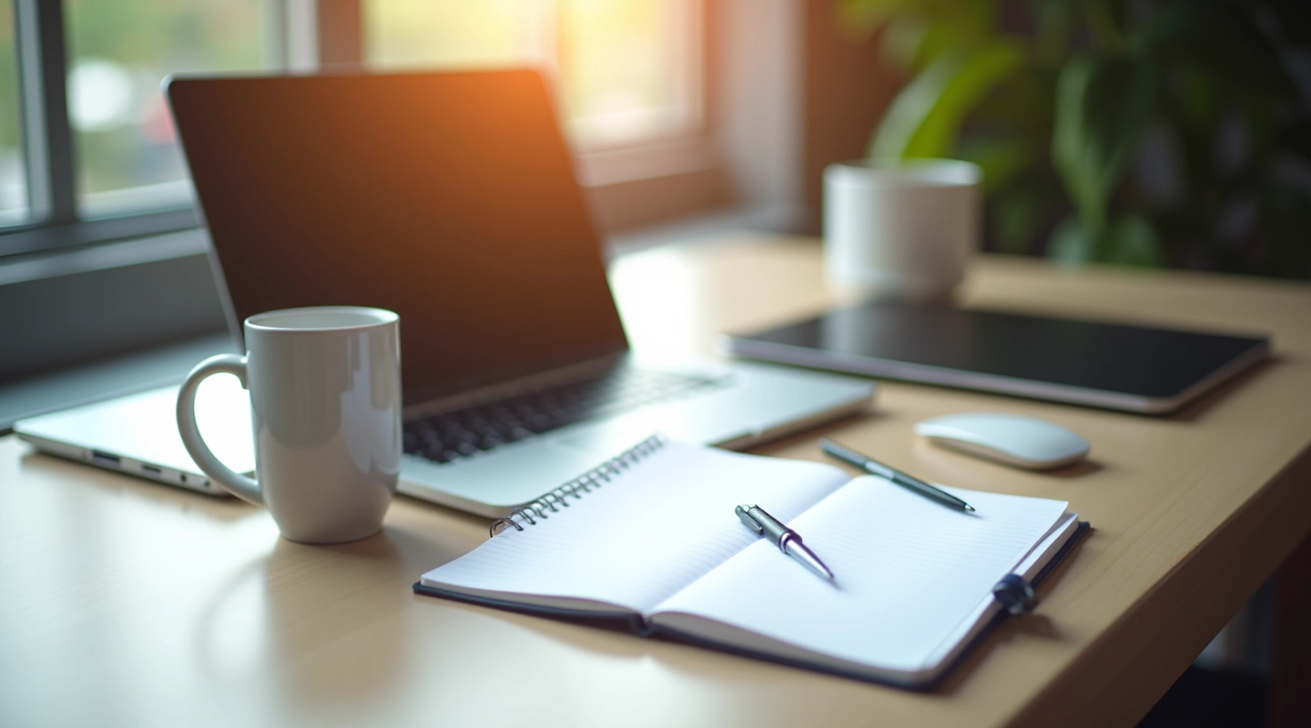 Moderne kontordesk med computer, notesbog og kaffekop i morgenslys