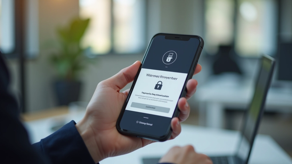 Mobil telefon med to-faktor godkendelse kode på skærm, sikkerhed notification, moderne kontor desk